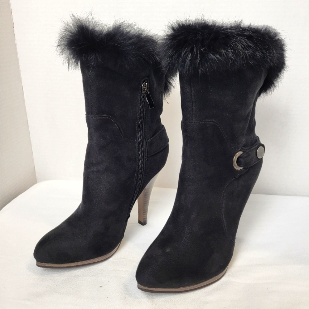 Noblez black faux suede high heel pull on fur trim fall booties Sz 35